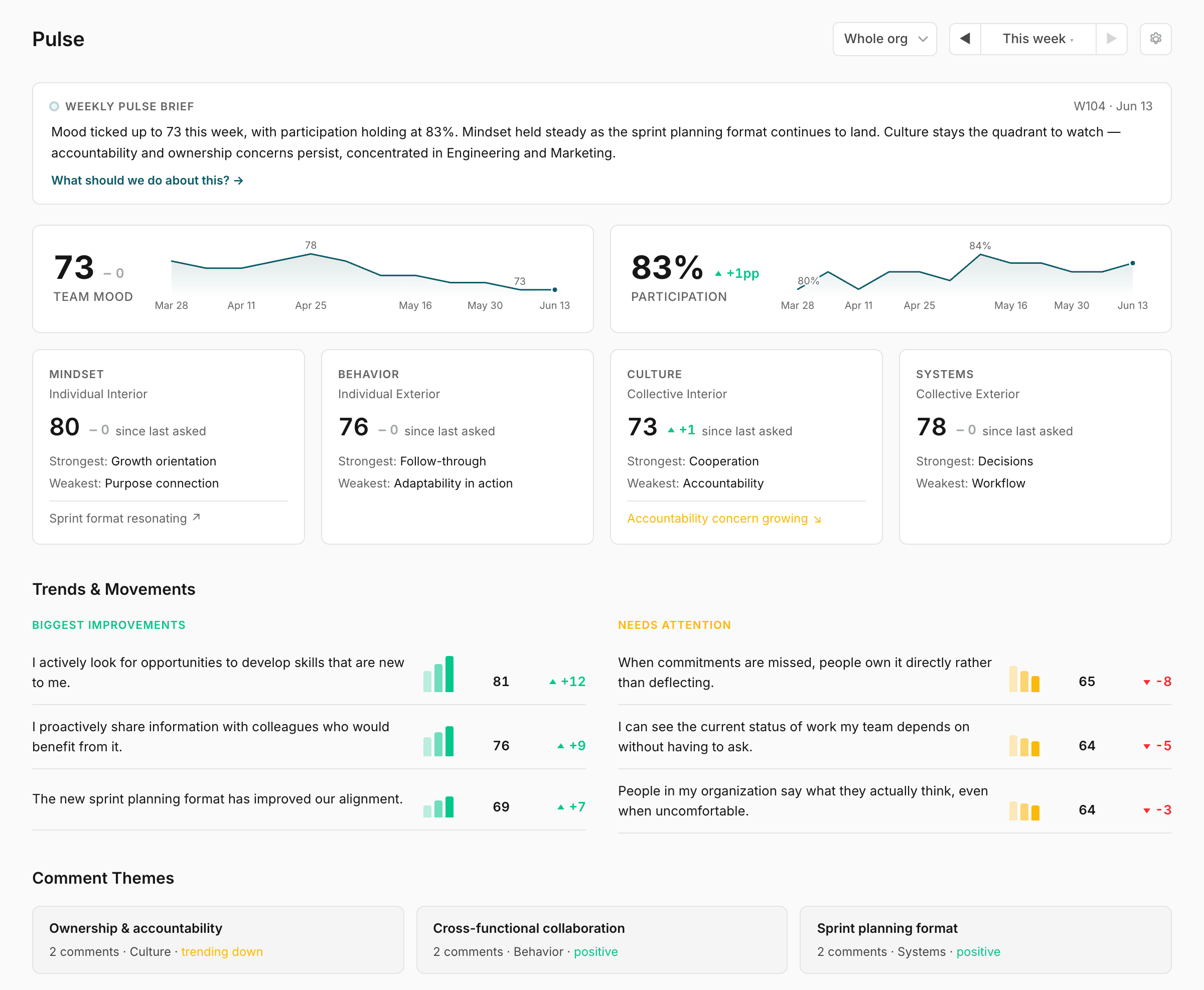 Applied Integral Pulse dashboard showing weekly team mood and participation, Mindset, Behavior, Culture and Systems scores, trends, and comment themes.